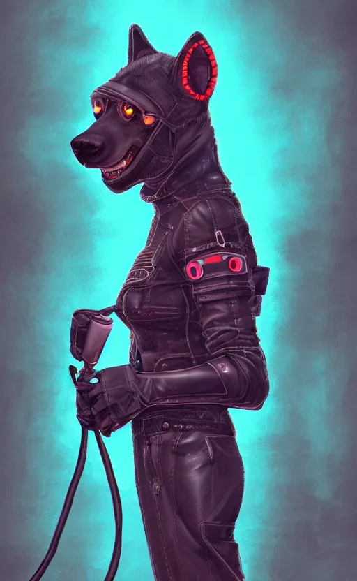 Image similar to digital painting of anthromorphic hyena female, fursona, furry fandom, neon rainy cyberpunk setting, anthro, wearing cyberpunk leather jacket, detailed face,