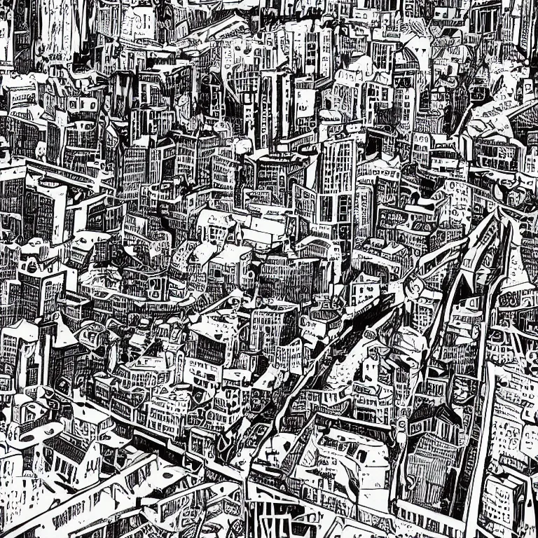 Prompt: a city literally built on rock and roll, trippy black and white comic art