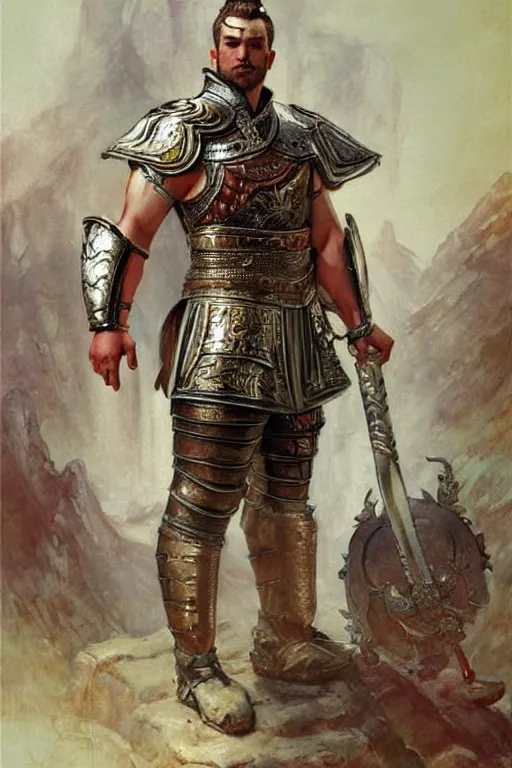Prompt: attractive beefy male with armor, tang dynasty, character design, painting by gaston bussiere, craig mullins, j. c. leyendecker, tom of finland