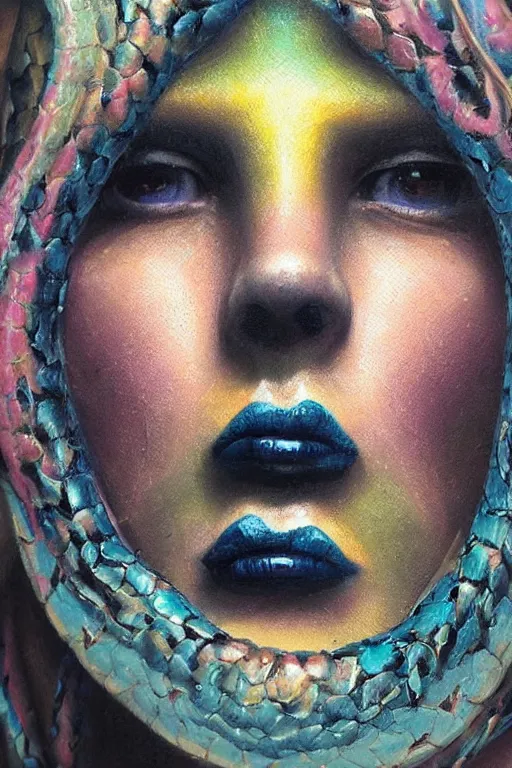 Image similar to hyperrealism oil painting, close - up portrait of face from a tangle of snakes fashion model, knight, street art gradient mixed with nebula sky, in style of baroque