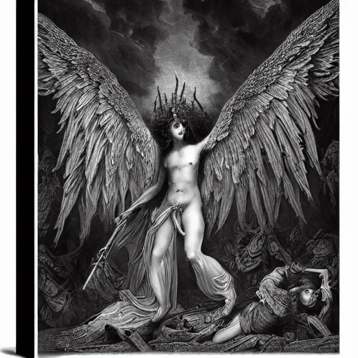 Prompt: 4K, ultra detailed painting fallen Angel, Metal Band album cover Gustave Dore