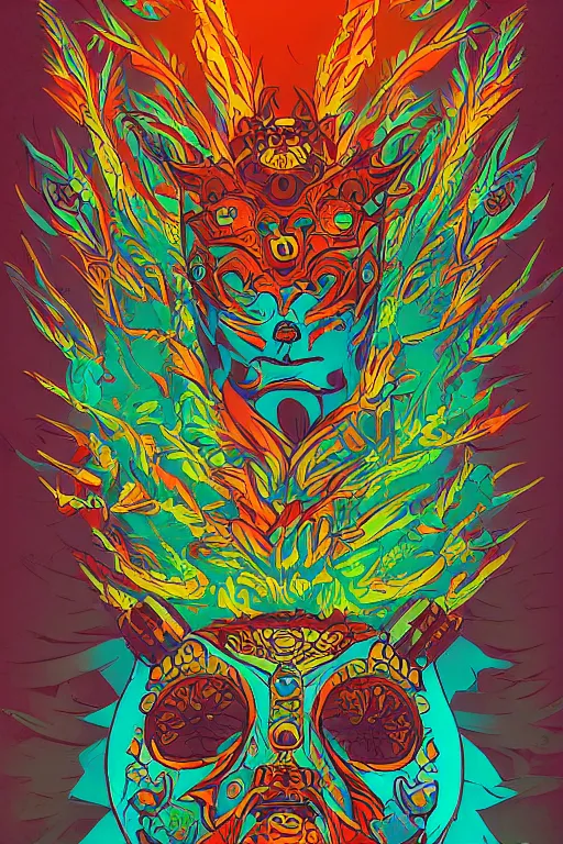 Image similar to animal mask totem roots flower tribal feather gemstone plant wood rock shaman vodoo video game vector cutout illustration vivid multicolor borderlands comics by josan gonzales and dan mumford radiating a glowing aura