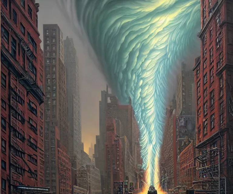 Image similar to hyper detailed 3d render like a Oil painting - a raging tornado over the streets of new york city, by Jacek Yerka, Mariusz Lewandowski, Houdini algorithmic generative render, Abstract brush strokes, Masterpiece, Edward Hopper and James Gilleard, Zdzislaw Beksinski, Mark Ryden, Wolfgang Lettl, hints of Yayoi Kasuma, octane render, 8k