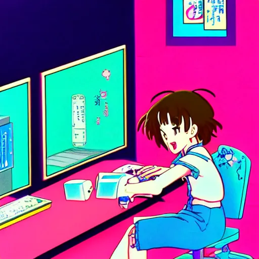 Prompt: girl sitting at her computer, sprite, vaporwave nostalgia, directed by beat takeshi, visual novel cg, 8 0 s anime vibe, kimagure orange road, maison ikkoku, sketch by osamu tezuka, directed by makoto shinkai and beat takeshi