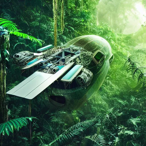 Prompt: crashed spaceship in the dense jungle detailed 8k photography