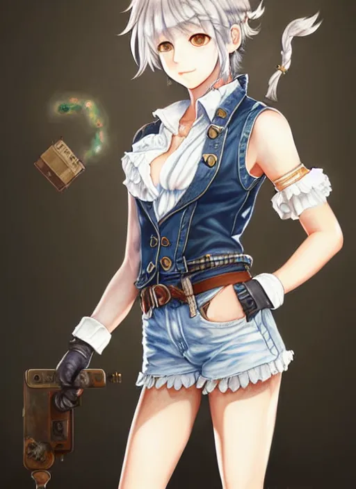 Image similar to a portrait of catgirl wearing white vest, and denim shorts an ultrafine detailed painting, detailed painting, detailed eyes, octopath traveler