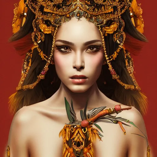 Image similar to Beautiful detailed portrait of an exotic goddess by Nick Silva, Shin JeongHo, Wandah Kurniawan, Symmetrical composition with people centered, realistic proportions, trending on artstation