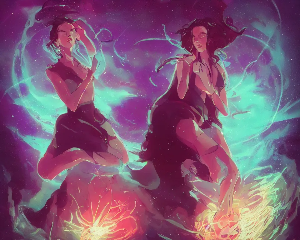 Prompt: beautiful determined goddess standing in a lake basking in the moonlight, conjuring a demon, underneath a multi-colored binary blackhole with an accretion disc, glowing trails following her arms, wearing professional makeup, synthwave, by Lois van Baarle, by Greg Rutkowski, by artgerm, by beeple, by studio ghibli, cinematic angle, volumetric lighting, 4k resolution, octane render, trending on artstation, masterpiece