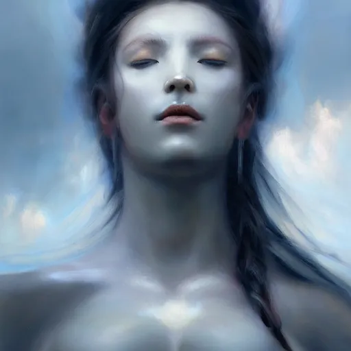 Prompt: a painting of a cloud goddess with clouds around her and blank eyes, a hyperrealistic painting by Raymond Swanland, Clouds in the background, featured on cgsociety, fantasy art, daz3d, artstation hd, hyper-realistic