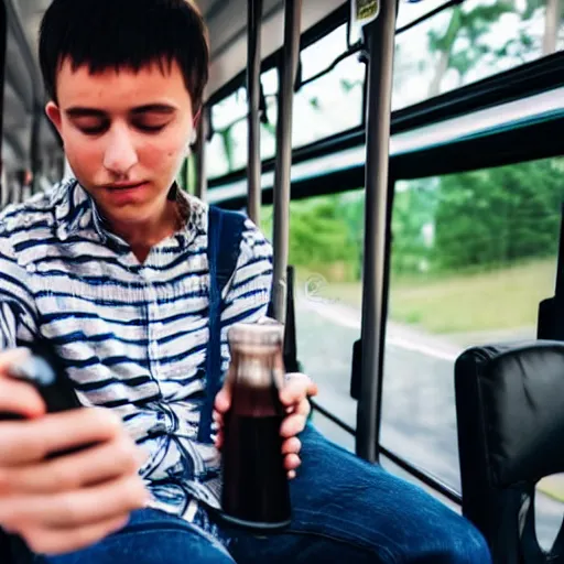 Image similar to a tired young university student is riding a crowded bus with a couple of fizzy dark beer bottles in his hands. student is looking at his smartphone. close up 4 k photo, bokeh, 5 0 mm, stock photo