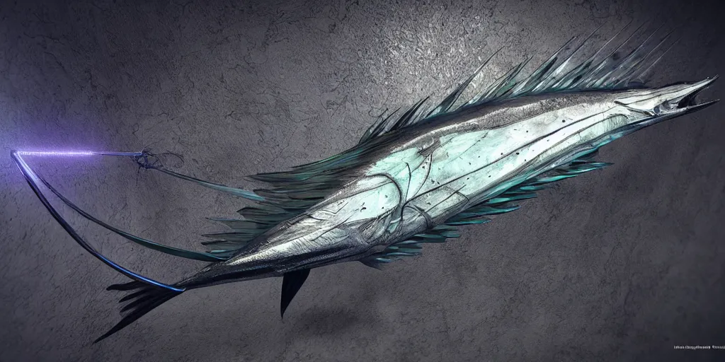 Image similar to sailfish, stylized layered textures, long flowing fins, bioluminescent orbs, 3 d render, substance painter, glowing eye, smooth, sharp focus, art by h r giger