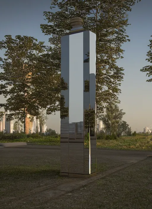 Image similar to highly detailed realistic architecture 3 d render of a mirrored stele monument in frank lloyd wright style standing on a side of a highway, archdaily, made in unreal engine 4 octane render