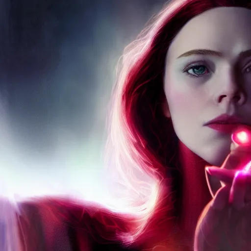 Image similar to movie still of scarlet witch rewriting the fabric of reality, photorealistic art style, futurism aesthetic, artstation, cgsociety contest winner