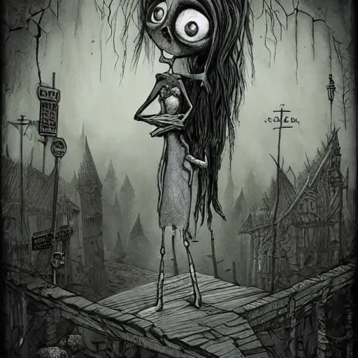 Image similar to grunge cartoon drawing of the end of the world by - michael karcz , in the style of corpse bride, loony toons style, horror themed, detailed, elegant, intricate