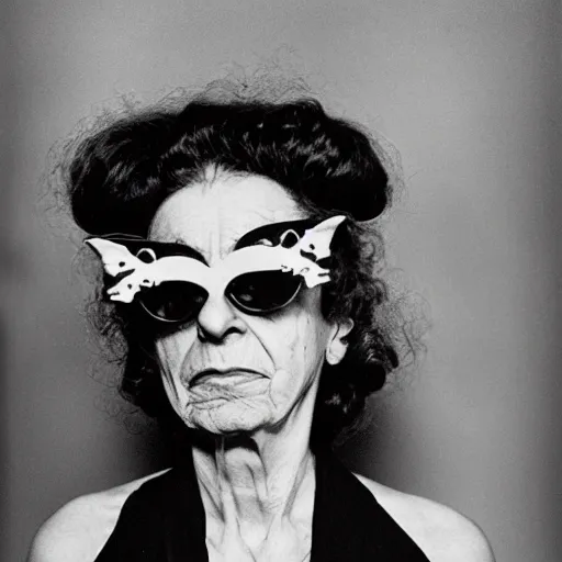 Prompt: A woman wearing sunglasses designed by Leonora Carrington, portrait, by Diane Arbus