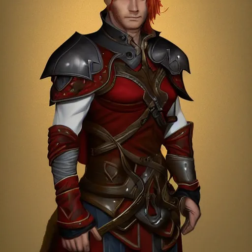 Prompt: character portrait, D&D, male half-elf, artificer, short red hair shaved on sides, white jacketed, half-plate armor, artstation, ultra detailed, todd lockwood