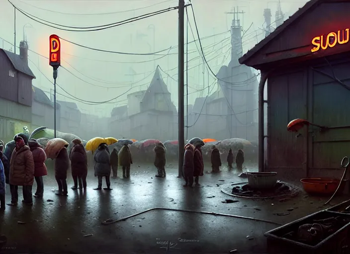 Prompt: waiting in line for cold soup by simon stalenhag and gil elvgren and tom bagshaw and marc simonetti and quint buchholz and jan miense molenaer, slums, highly detailed, hyperrealism, dreary, cold, cloudy, grey, smog, high contrast, solarpunk, high saturation