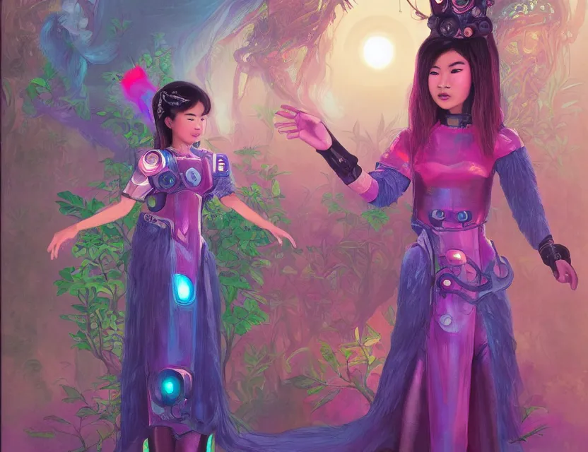 Image similar to southeast asian scifi princess of the cloud forest, wearing a lovely dress with cyberpunk details. this oil painting by the beloved children's book author has an interesting color scheme and impeccable lighting.