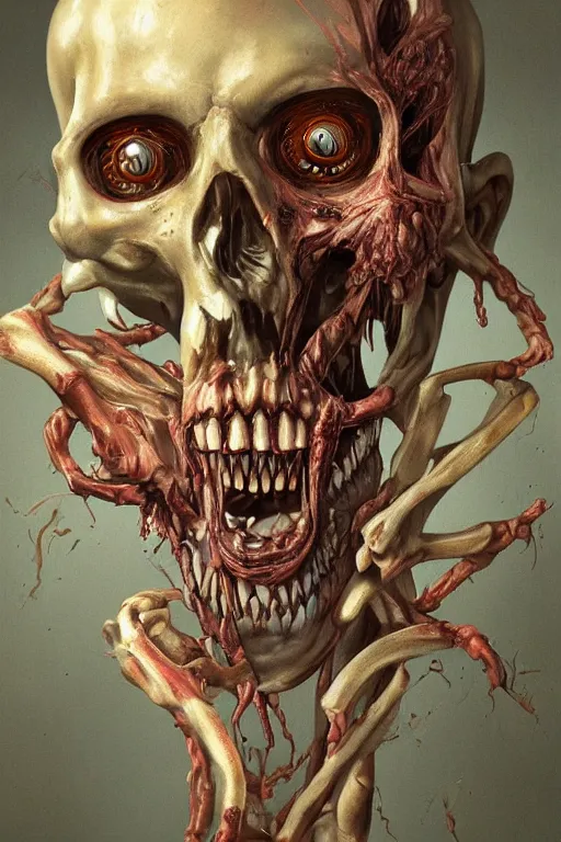 Prompt: Haunting horrifying detailed painting of a man fusing with a skeleton and fleshy growths on his face, sharp teeth and dead eyes without iris, hyper detailed, trending on Artstation