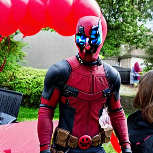 Image similar to deadpool at a children's birthday party, photography,