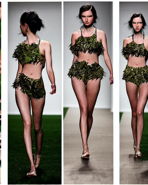 Image similar to multi panel storyboard of olivia wearing an outfit made of palm leaves, runway model at new york fashion week, sporty physique, black hair, freckles, pale skin, multiple angles, photo by greg rutkowski, stage lighting, soft colors, female beauty, intricate detail, elegance, 3 5 mm, depth of field, masterpiece