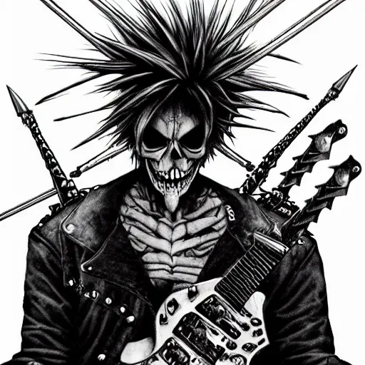 Image similar to a portrait of the grim reaper as a punk rocker playing an electric guitar, punk, skeleton face, mohawk, dark, fantasy, leather jackets, spiked collarsand wristbands, piercings, boots, ultrafine detailed pencil art on paper by frank frazetta and vito acconci and and takeshi obata, death note style, symetric body, sharp focus