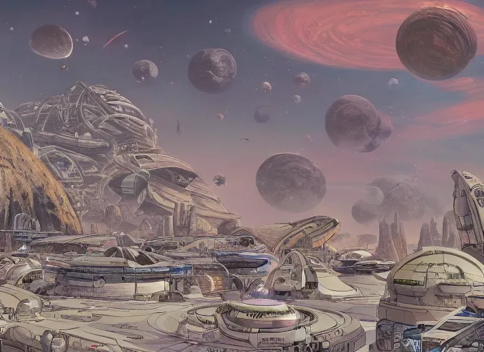 Prompt: close up view of a bustling space port on an alien planet by jeff darrow and moebius, earth and pastel colors, dramatic perspective, detailed, realistic, masterpiece, 4 k, 8 k