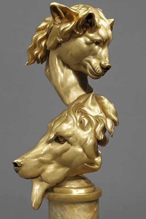 Prompt: a white marble statue of a wolf's head and shoulders with gold filigree, michelangelo