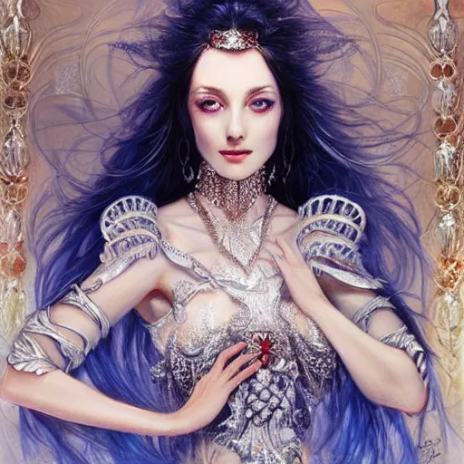 Prompt: a beautiful woman wearing a white dress made of silver with jewelry and diamonds by karol bak, ayami kojima, sakimichan, arabian beauty, blue eyes, smile, concept art, fantasy