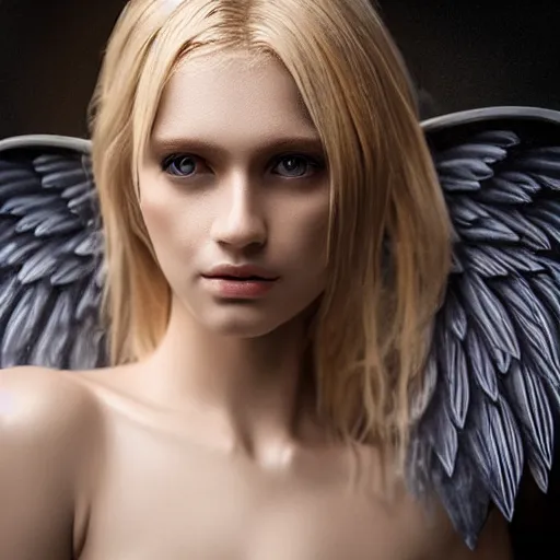 Image similar to very pretty blond female angel with huge wings in a dark cave, perfect symmetrical face, shallow depth of field, moody lighting, single point of light, 8 k, cultural realistic, in the style of martina fackova,