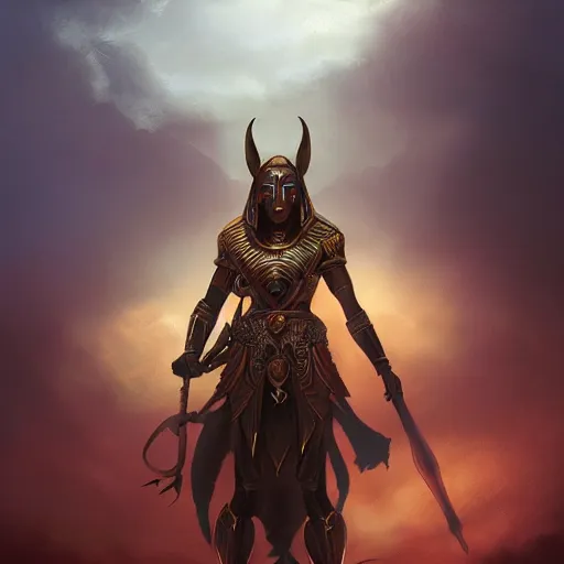 Prompt: Majestic gracious Anubis female warrior portrait, menacing, atmospheric lighting, painted, intricate, volumetric lighting, beautiful, rich deep colours masterpiece, golden hour, sharp focus, ultra detailed, by Leesha Hannigan, Ross Tran, Thierry Doizon, Kai Carpenter, Ignacio Fernández Ríos