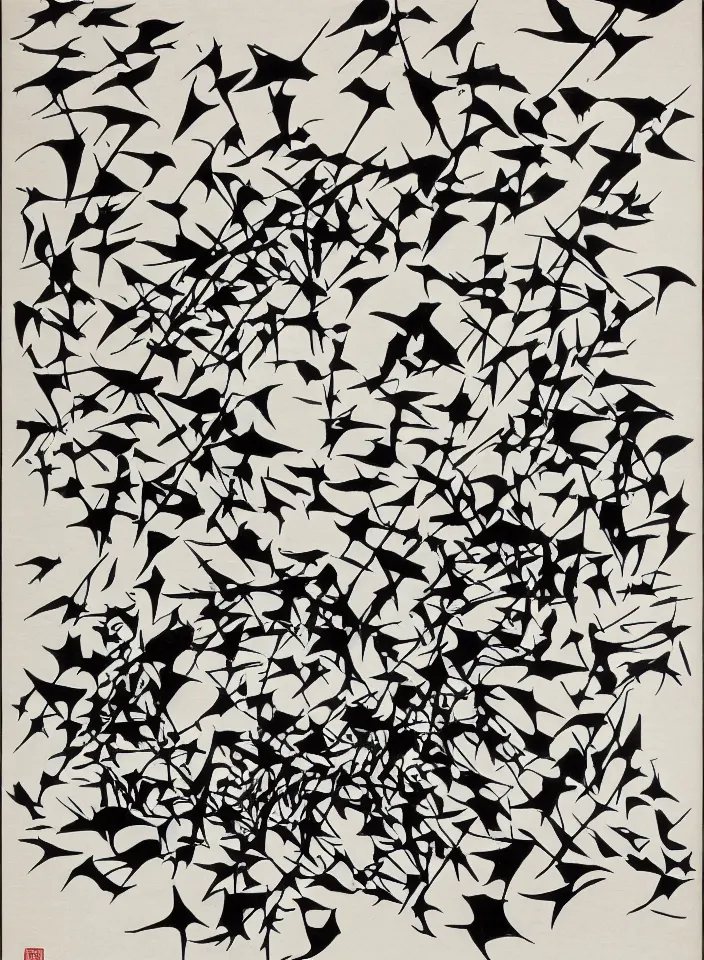 Prompt: nitrogen by m. c. escher, wu guanzhong. ink and wash painting, vibrant, calligraphy, woodblock, ink, geometric, 3 d.