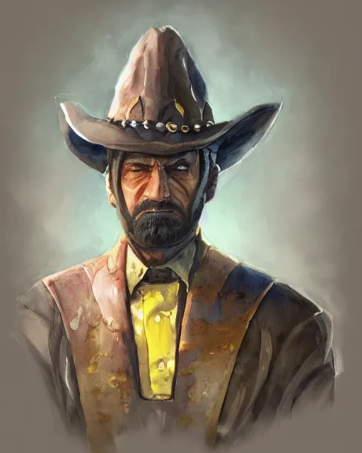 Prompt: a oil / watercolor painting full body character portrait of a sheriff / wizard in the style of moebius in the style of leonard boyarsky trending on artstation deviantart pinterest detailed photorealistic highlights and shadow hd 8 k post - processing high resolution