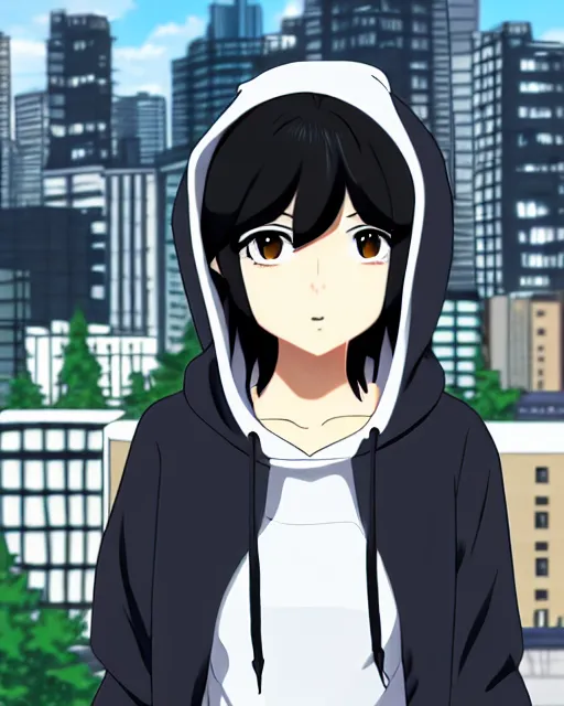 Prompt: black haired girl wearing hoodie, detailed city background, anime by shinkai makoto