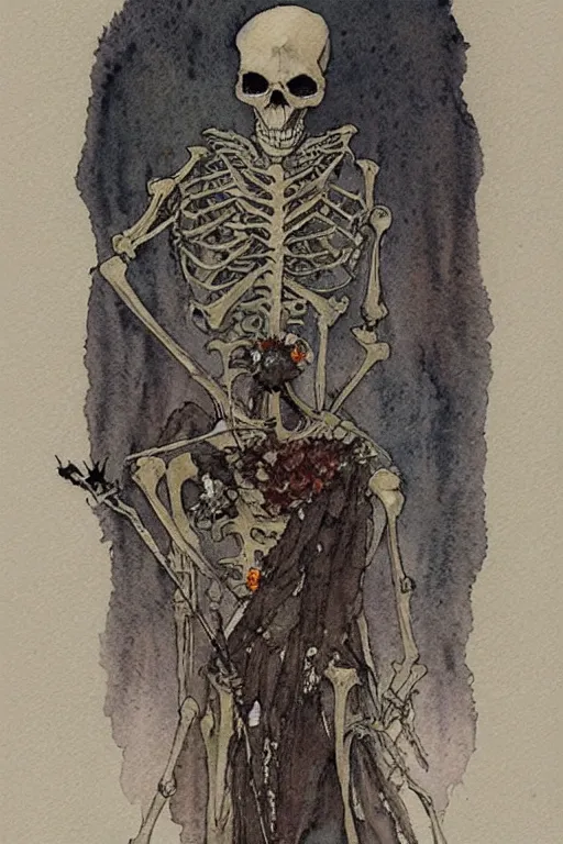 Image similar to a simple and atmospheric watercolour portrait of a skeleton king on halloween, very muted colors, by rebecca guay, michael kaluta, charles vess and jean moebius giraud