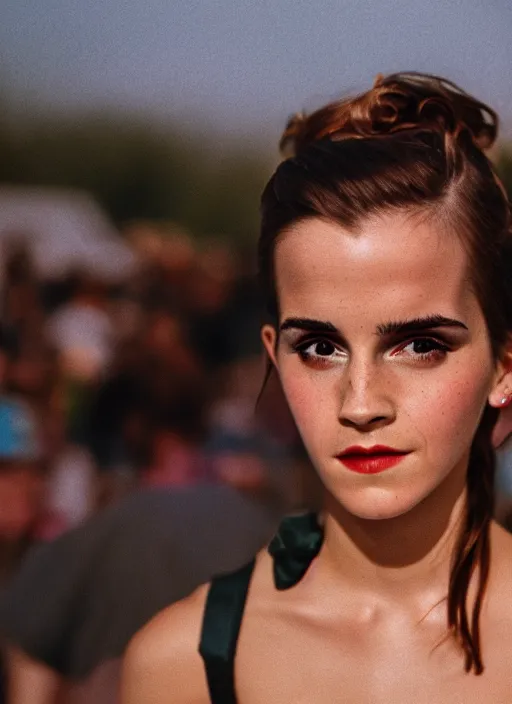 Image similar to Retro color photography portrait of Emma Watson at Cochella 2019 Cinestill 800T, 1/2 pro mist filter, and 65mm 1.5x anamorphic lens