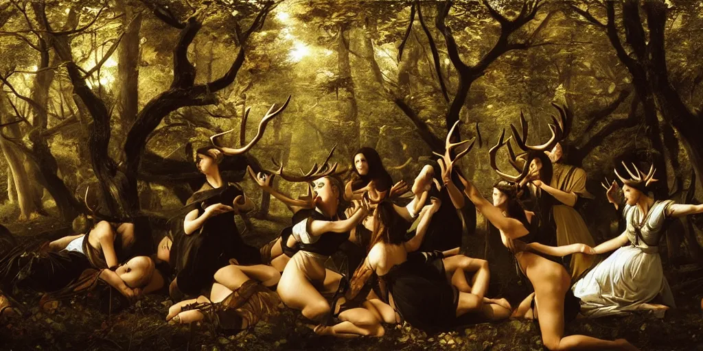 Image similar to beautiful oil matte portrait painting, women with antlers gathering in an ominous forest, wonderful masterpiece highly detailed, beautiful cinematic light deep focus, elegant, digital painting, smooth, sharp focus, golden ratio, dramatic illumination, ultra realistic, 8 k, art by artemisia lomi gentileschi and caravaggio