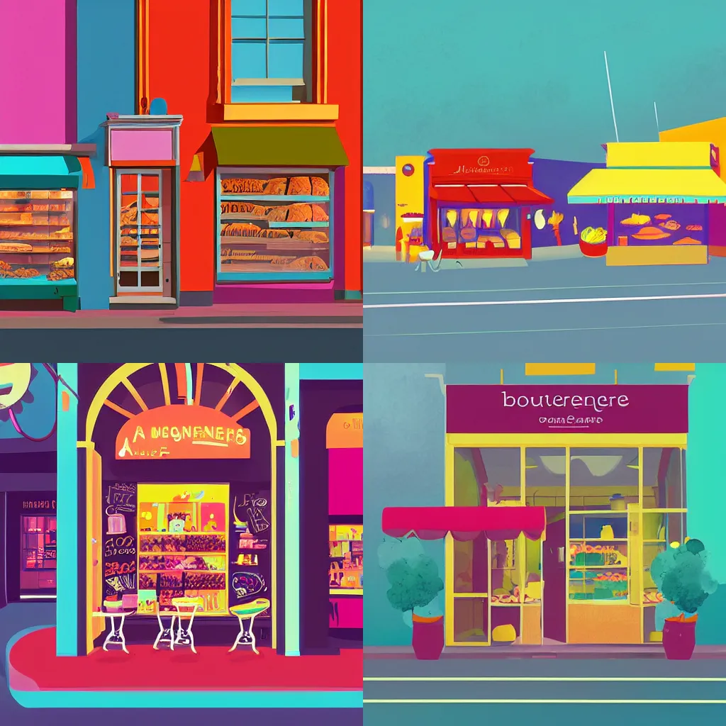 Prompt: A colorful boulangerie, by James Gilleard
