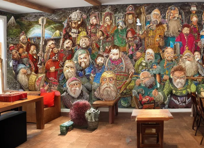 Image similar to jewel encrusted dwarven mural depicting a family history of mountain dwarves. a large ruby is the focal point of the mural