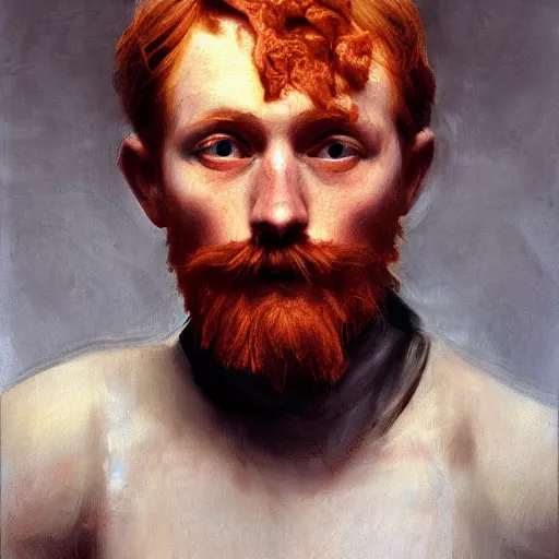 Image similar to highly detailed portrait of a ginger mans face who has had a plate spaghetti bolognese tipped all over his head artstation, 8 k, sfx, john singer sargent.