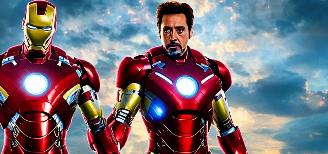 Image similar to jim carrey as iron man, cinematic lens, heroic shot, full shot, from avengers endgame