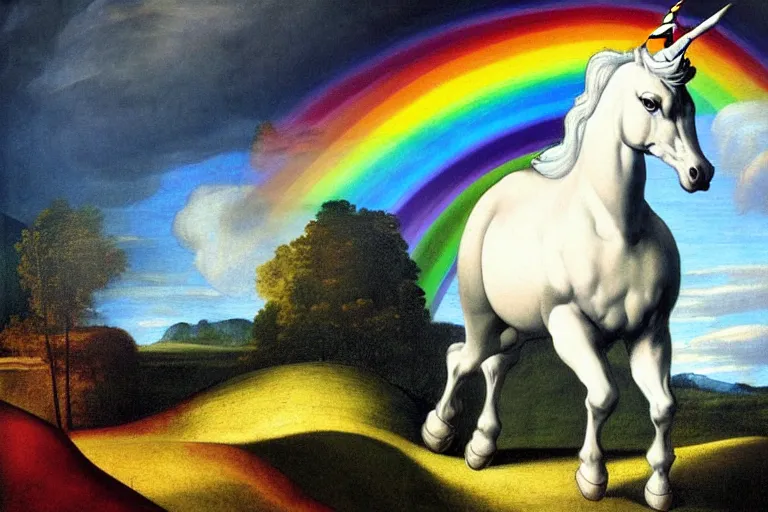 Prompt: detailed traditional painting of a unicorn trotting on top of a rainbow, ((rainbow)) by Caravaggio, trotting on top of a rainbow, authentic, masterpiece, brush strokes, trending on artstation