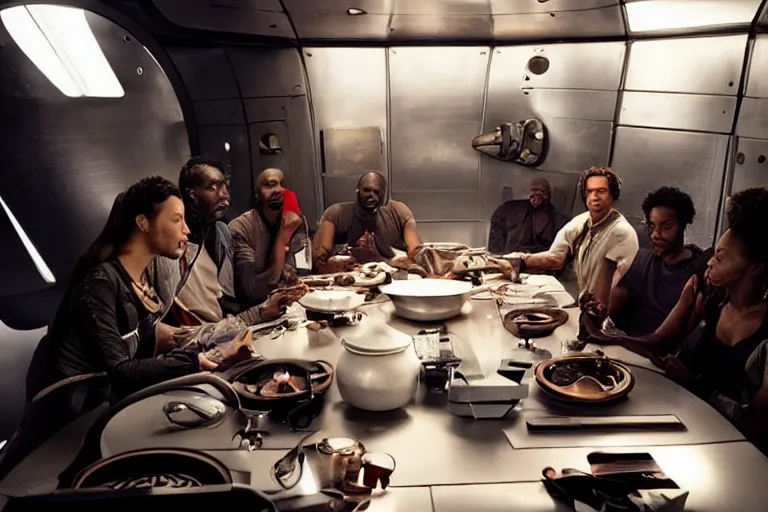 Image similar to movie diverse interracial small team of European sci-fi futuristic space explorers talking at the table in a spaceship kitchen, beautiful skin, Symmetrical faces. Beautiful lighting by Emmanuel Lubezki