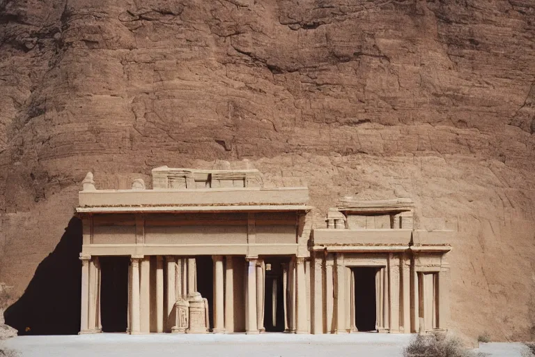 Prompt: film still of monumental complex néo-classical clear temple in the desert, by Étienne-Louis Boullée cinestill 800t 35mm full-HD