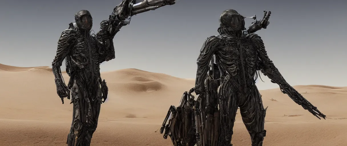 Image similar to muad'dib in a advanced still suit designed by northrop grumman hr giger tom ford moebius and yasushi nirasawa, wide angle, photorealistic, hdr, 8 k, octane render, the moons in background, desert land, mist, a horde of fremen in military gear and weaponry, 4 k, vray, volumetric lighting