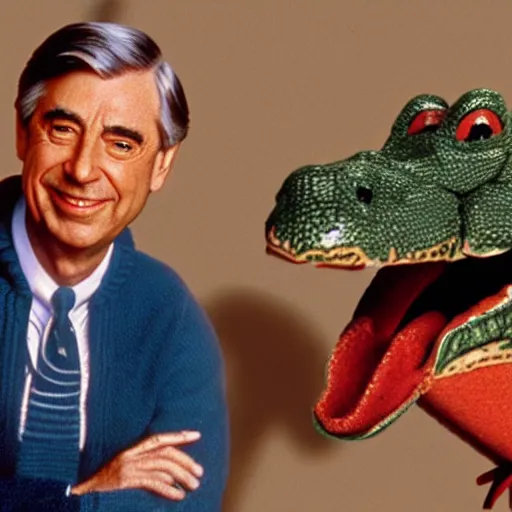 Image similar to mr. rogers with alligator heads instead of hands.