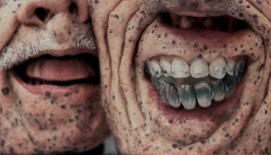 Image similar to 9 0 s movie still of a old man with trypophobia teeth, cinestill 8 0 0 t 3 5 mm, heavy grain, high quality, high detail