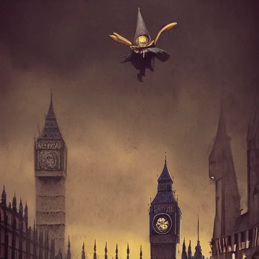 Prompt: A witch wearing a hat flying on her broom,the Big Ben is in background,gloomy lighting,creepy atmosphere,photo , highly detailed , high contrast, beautiful lighting, award winning ,u trending on art station, 8k, photo realistic