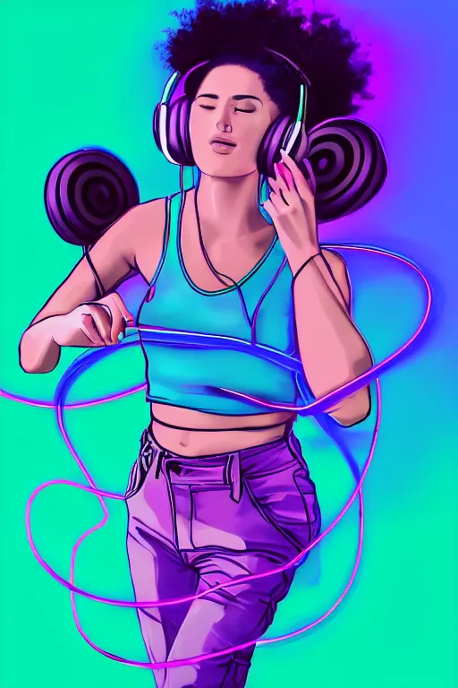 Image similar to a award winning half body portrait of a beautiful woman with stunning eyes in a croptop and cargo pants with ombre purple pink teal hairstyle dancing while listening to music with headphones on her ears by thomas danthony, surrounded by whirling illuminated lines, outrun, vaporware, shaded flat illustration, digital art, trending on artstation, highly detailed, fine detail, intricate