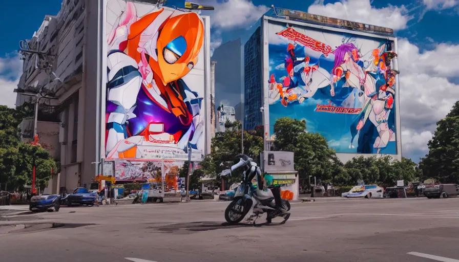 Image similar to billboard advertisement with an extremely beautiful photo of a white marble statue of an anime girl with colorful motocross logos and motorcycle helmet with closed visor, colorful smoke in the background, carved marble statue, fine art, neon genesis evangelion, virgil abloh, offwhite, denoise, highly detailed, 8 k, hyperreal